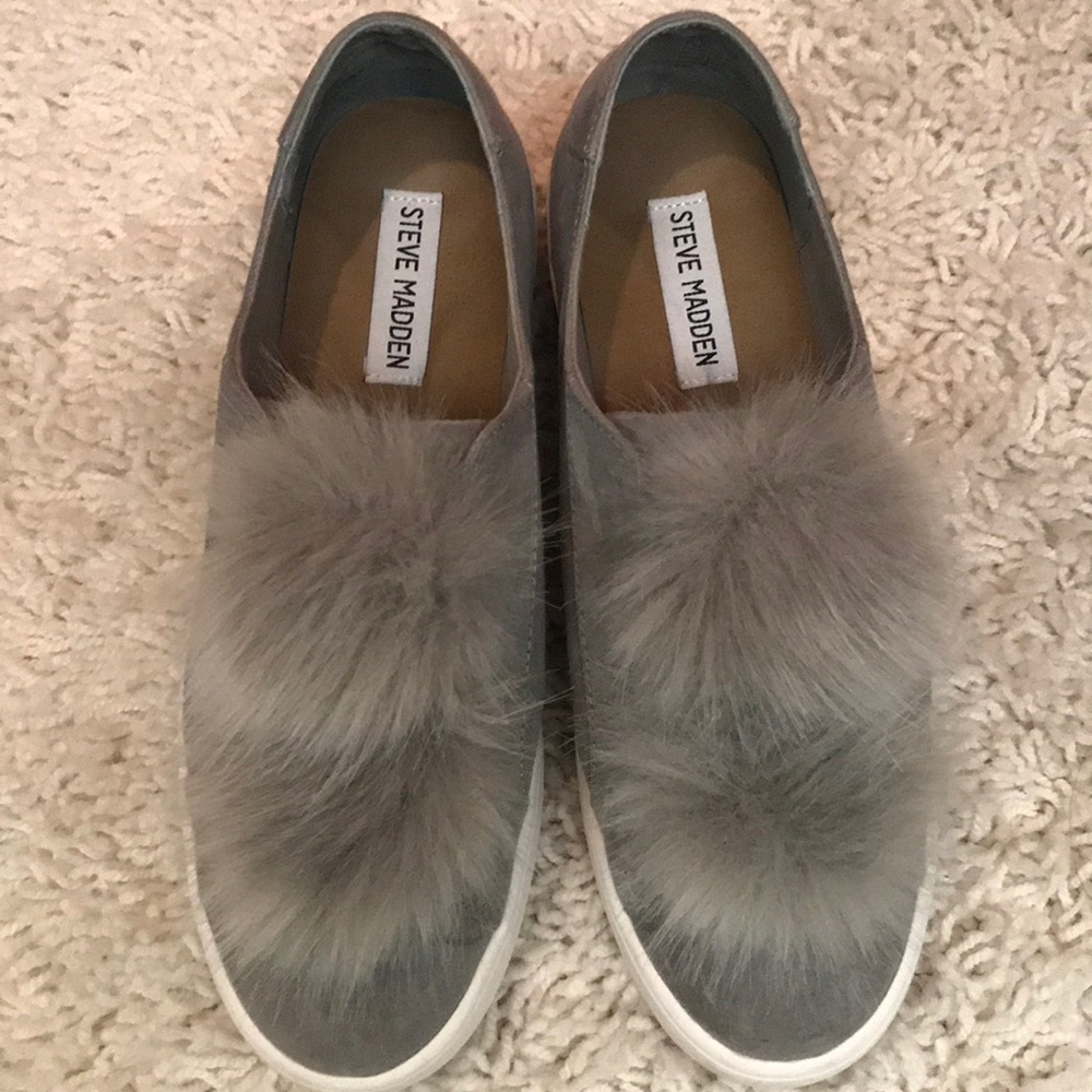 Steve Madden gray silde on sneakers with Pom poms